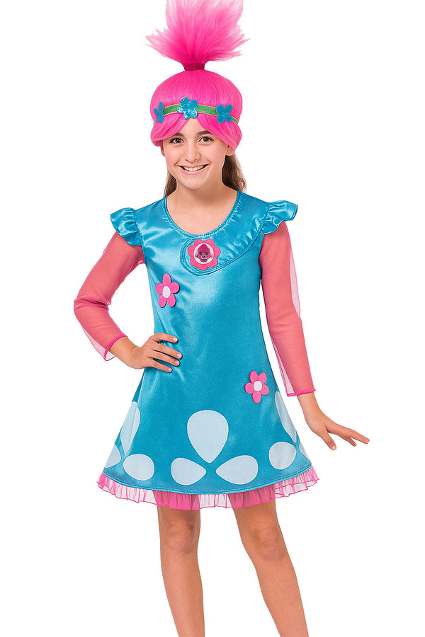Girls Trolls Princess Poppy Costume with Wig | Kids Colorful Dress-Up Outfit for Halloween & Parties